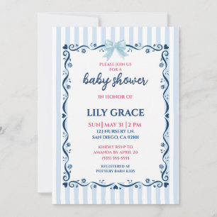 Elegant Blue Stripes & Ribbon Bow Baby Shower Invitation
