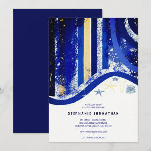Elegant Blue Stripes Spatters Stars Baby Shower Invitation