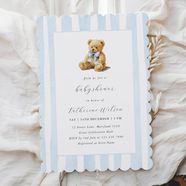 Elegant Blue Stripes Teddy Bear Baby Shower  Invitation (Creator Uploaded)