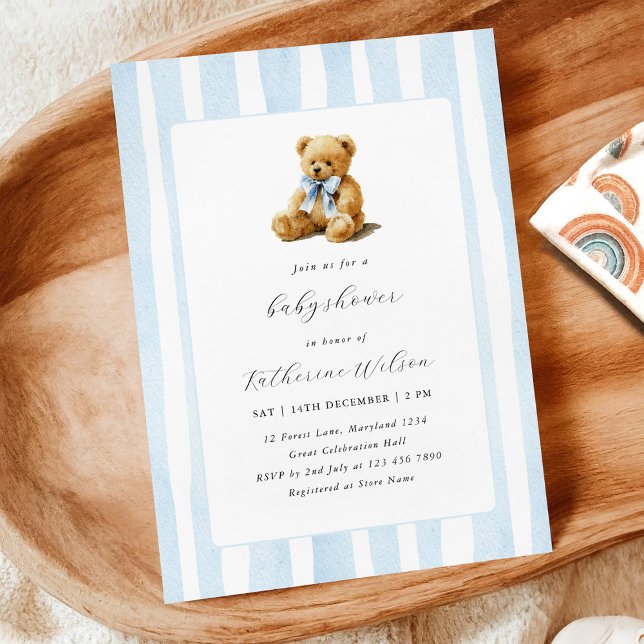 Elegant Blue Stripes Teddy Bear Baby Shower  Invitation (Creator Uploaded)