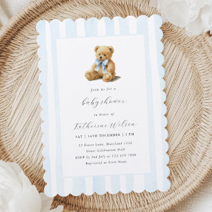 Elegant Blue Stripes Teddy Bear Baby Shower Invitation