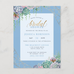 Elegant Blue Succulents & Gold Frame Bridal Shower Invitation Postcard