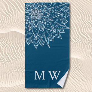 Elegant Blue Summer Floral Monogram Beach Towel
