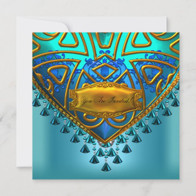 Elegant Blue Teal Aqua Gold All Occasions Invitation (Front)