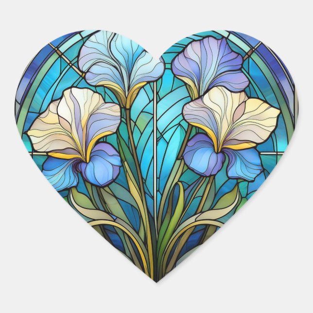 Elegant Blue Teal Floral Art Nouveau Stained Glass Heart Sticker (Front)