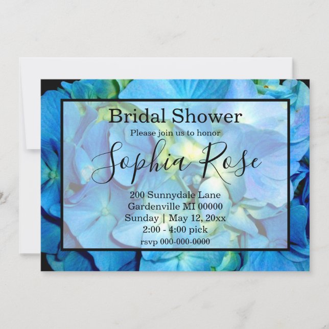 Elegant blue teal floral hydrangeas blue roses invitation (Front)