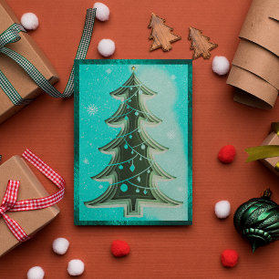 Elegant Blue Teal Glitter Papercut Christmas Tree Holiday Card