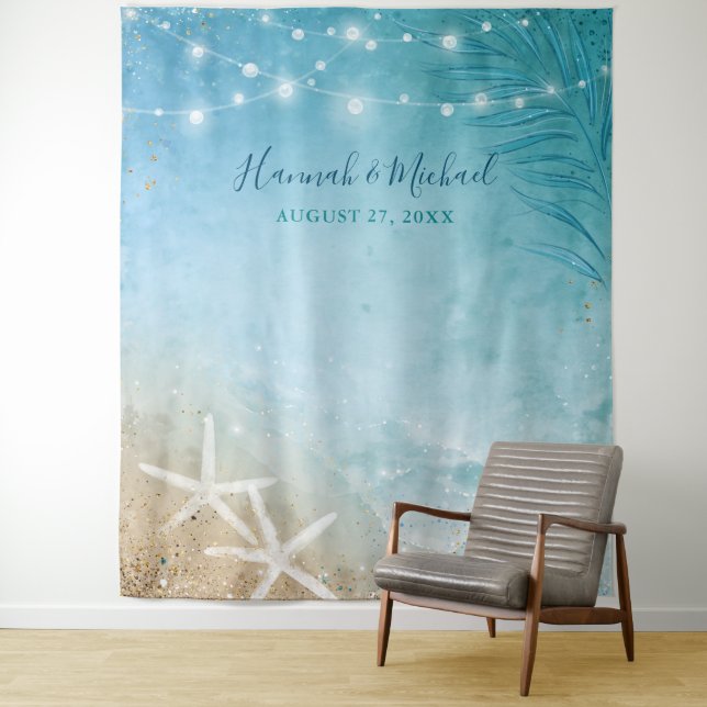 Elegant Blue Teal Watercolor Beach Wedding Photo Tapestry (In Situ)