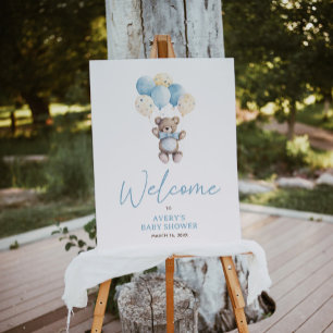 Elegant Blue Teddy Bear Script Welcome Baby Shower Poster