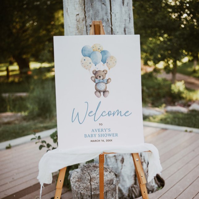 Elegant Blue Teddy Bear Script Welcome Baby Shower Poster (Creator Uploaded)