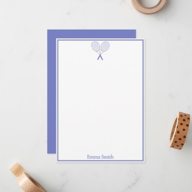 Elegant Blue Tennis Monogram Flat Note Card (Front/Back In Situ)