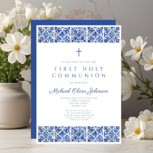 Elegant Blue Tiles Boy First Communion Invitation