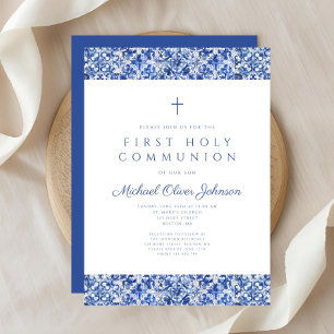 Elegant Blue Tiles Boy First Communion Invitation
