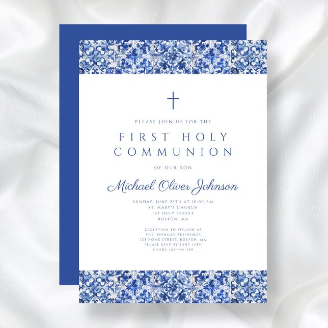 Elegant Blue Tiles Boy First Communion Invitation (Elegant Blue Tiles Boy First Communion Invitation)