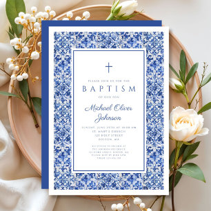 Elegant Blue Tiles Religious Cross Boy Baptism Invitation