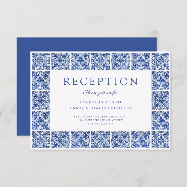 Elegant Blue Tiles Wedding Reception Enclosure Card (Front/Back)