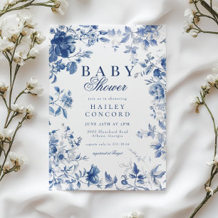 Elegant Blue Toile Chinoiserie Baby Shower Invitation