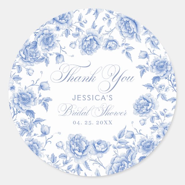 Elegant Blue Toile Chinoiserie Bridal Shower Classic Round Sticker (Front)