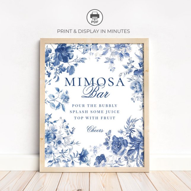 Elegant Blue Toile Chinoiserie Mimosa Bar Sign (Creator Uploaded)