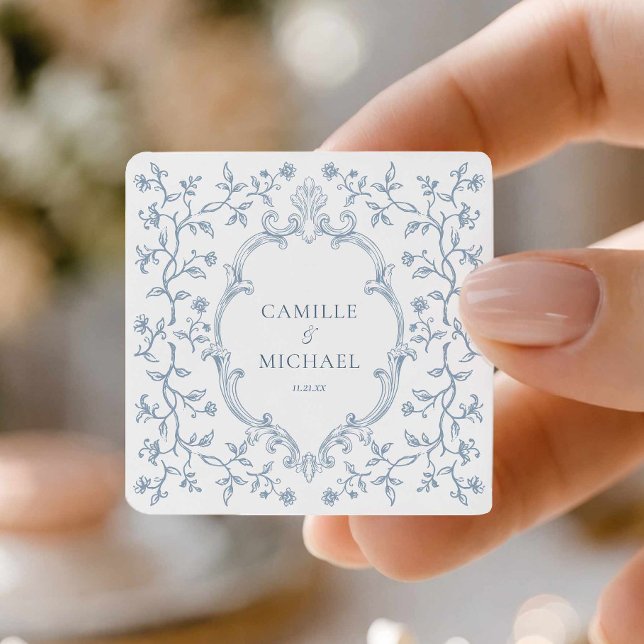 Elegant Blue Toile Crest Wedding Sticker (Blue Crest and Toile Favor Sticker)