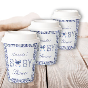Elegant Blue Toile de Jouy and Bow Baby Shower Paper Cups