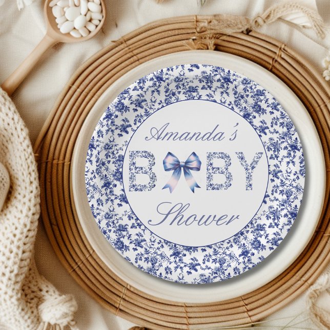 Elegant Blue Toile de Jouy and Bow Baby Shower Paper Plate (Creator Uploaded)