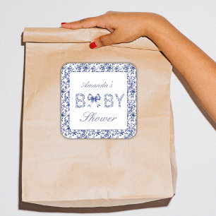 Elegant Blue Toile de Jouy and Bow Baby Shower Square Sticker
