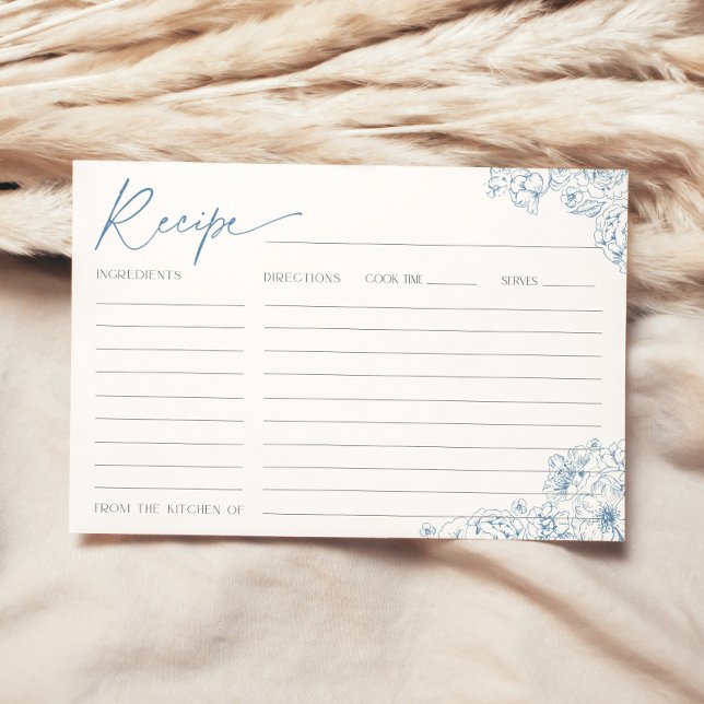 Elegant Blue Toile de Jouy Bridal Recipe Card (Recipe card with blue floral toile de jouy pattern for an french elegant bridal shower)