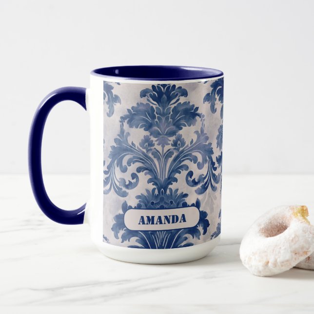 Elegant Blue Toile de Jouy Damask Monogram Mug (With Donut)