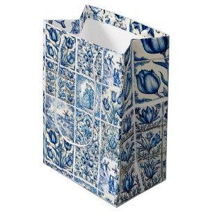 Elegant Blue Toile de Jouy Floral Pattern Medium Gift Bag