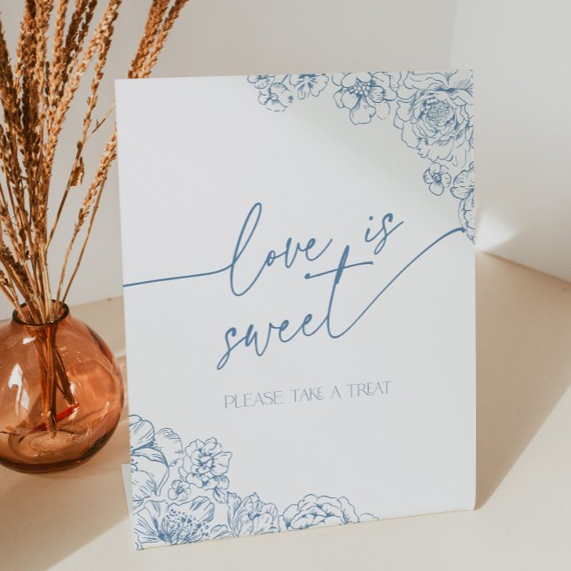 Elegant Blue Toile de Jouy Love is Sweet Dessert Pedestal Sign (Elegant blue floral love is sweet please take a treat sign for dessert table with french chinoiserie)