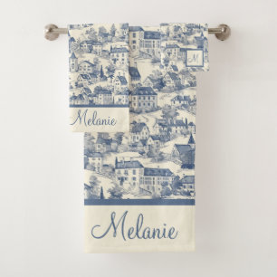 Elegant Blue Toile de Jouy Village Scene Bath Towel Set