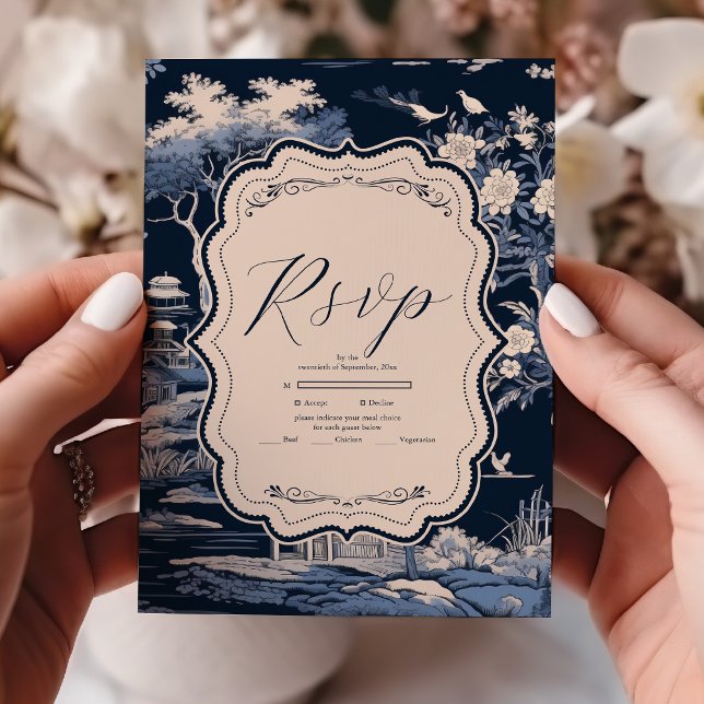 Elegant Blue Toile De Jouy  Wedding RSVP Card (Creator Uploaded)