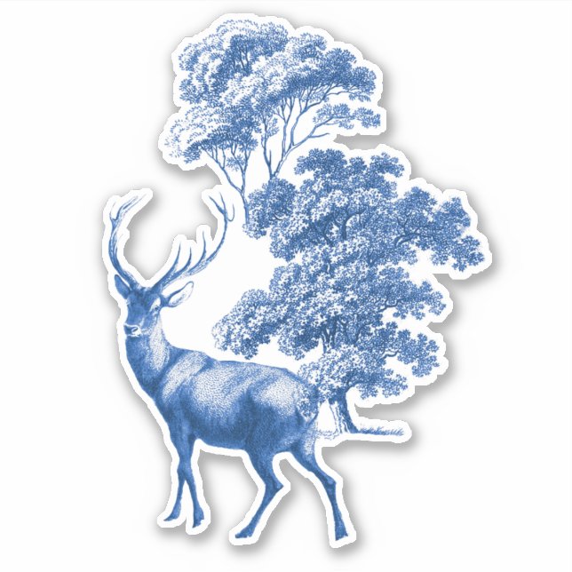 Elegant Blue Toile Deer in Forest (Front)
