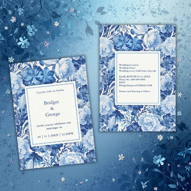Elegant Blue Toile Floral Chinoiserie Wedding Invitation (Creator Uploaded)