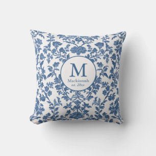 Elegant Blue Toile Monogram Throw Pillow