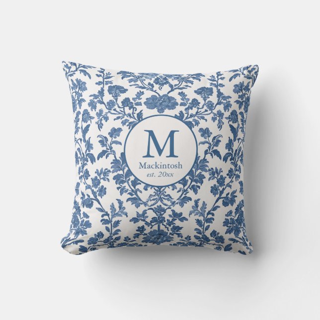 Elegant Blue Toile Monogram Throw Pillow (Front)