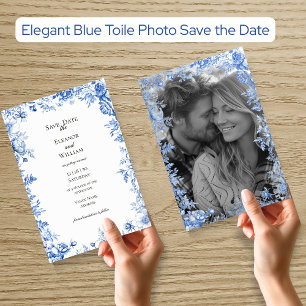 Elegant Blue Toile Photo Save the Date Invitation
