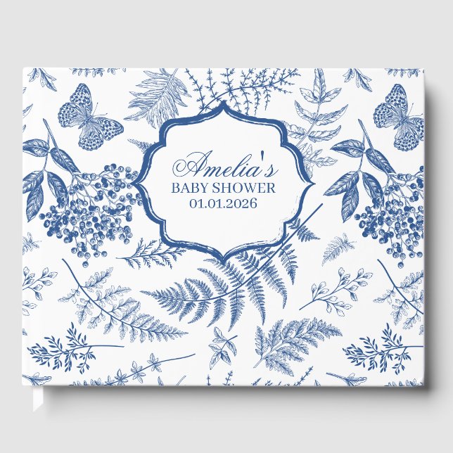 Elegant Blue Toile Print Personalized Baby Shower Guest Book (Front)