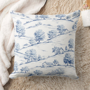 Elegant Blue Toile Vintage French Pastoral Scenes Cushion