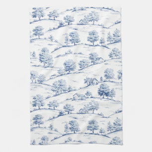 Elegant Blue Toile Vintage French Pastoral Scenes Tea Towel