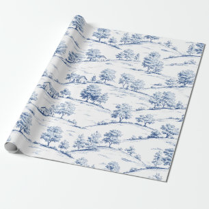 Elegant Blue Toile Vintage French Pastoral Scenes Wrapping Paper