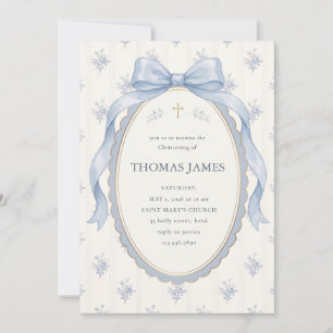 Elegant Blue Toile Watercolor Bow Christening Invitation