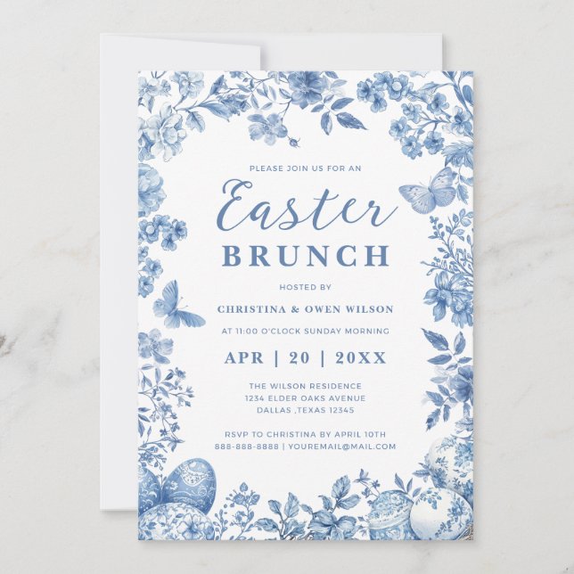 Elegant Blue Toile Whimsical Floral Easter Brunch  Invitation (Front)
