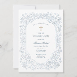 Elegant Blue Traditional First Communion  Invitation
