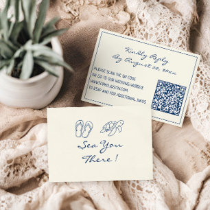 Elegant Blue Tropical Leaf QR Code Wedding RSVP Card
