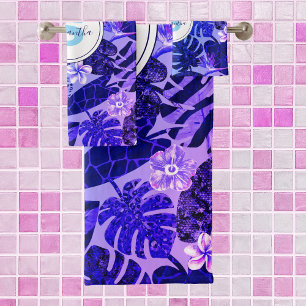Elegant blue tropical leaves flowers custom name  bath towel set