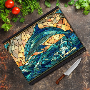 Elegant Blue Turquoise Dolphin Stained Glass Cutting Board