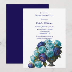 Elegant Blue Turquoise Floral Bachelorette Party Invitation