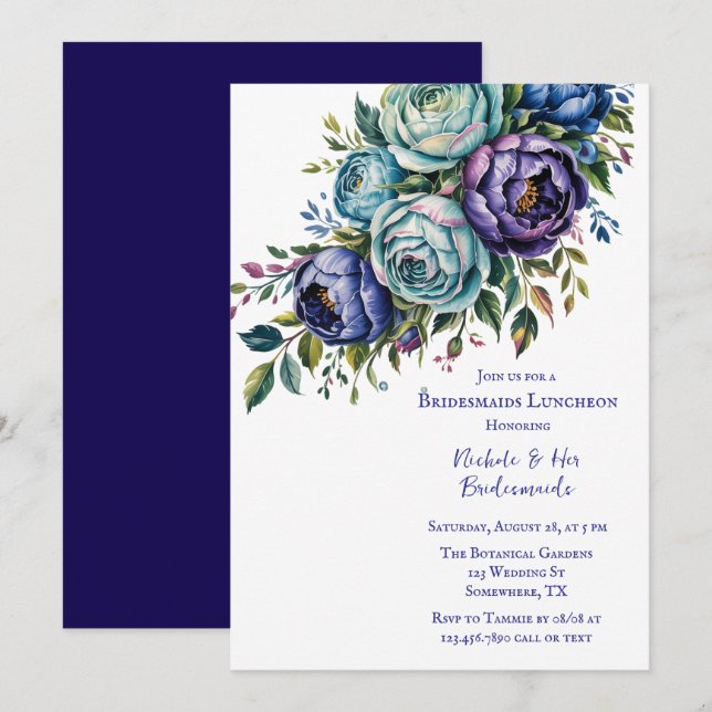 Elegant Blue Turquoise Floral Bridesmaids Luncheon Invitation (Front/Back)